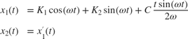 $$
\begin{array}{rl}
x_1(t) &= K_1 \cos(\omega t) + K_2 \sin(\omega t) + C \frac{t\sin(\omega t)}{2\omega} \\
x_2(t) &= x_1'(t)
\end{array}
$$