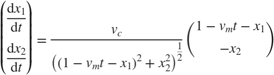 $$
\left( \begin{array}{c} \frac{\mathrm{d}x_1}{\mathrm{d}t}\\\frac{\mathrm{d}x_2}{\mathrm{d}t} \end{array}\right)
= \frac{v_c}{\left( (1-v_mt-x_1)^2 + x_2^2 \right)^{\frac12}}\left( \begin{array}{c} 1-v_mt-x_1\\-x_2\end{array}\right)
$$